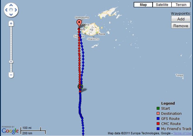 Predictwind is prescribing a near-direct route - for TVS for the final run to the finish of the Auckland-Fiji Race as of 0700hrs on 9 June.  © PredictWind.com www.predictwind.com